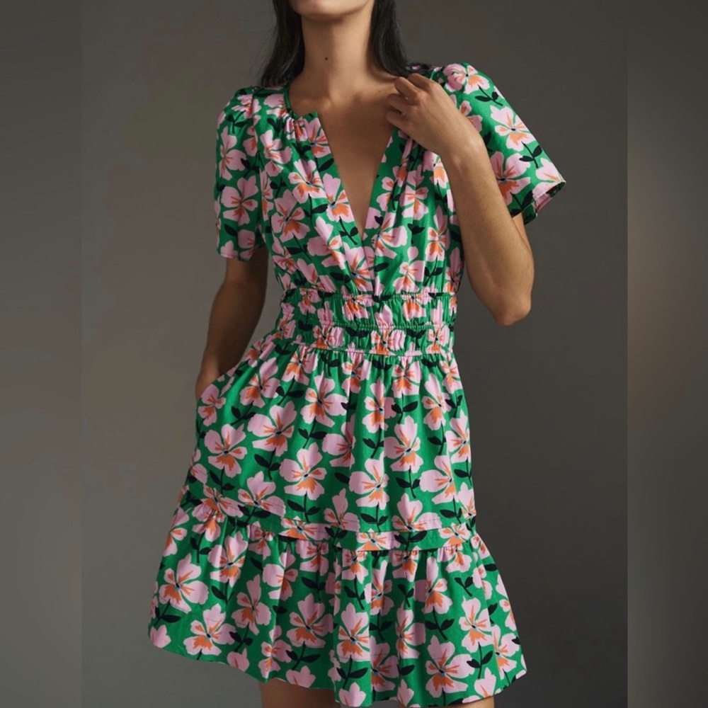 Anthropologie Somerset Kelly Green and Pink Floral Mini Dress